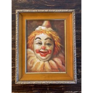 Jolly Creepy Sinister Clown Painting Signed 9x12 Canvas 16x13 Gold Velvet Frame